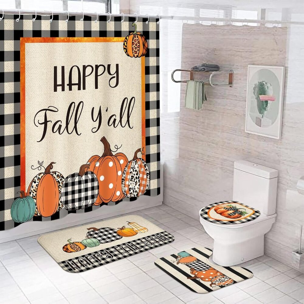 4 Pcs Thanksgiving Pumpkin Shower Curtain Set 72" Fall Bathroom Decor Set with 1